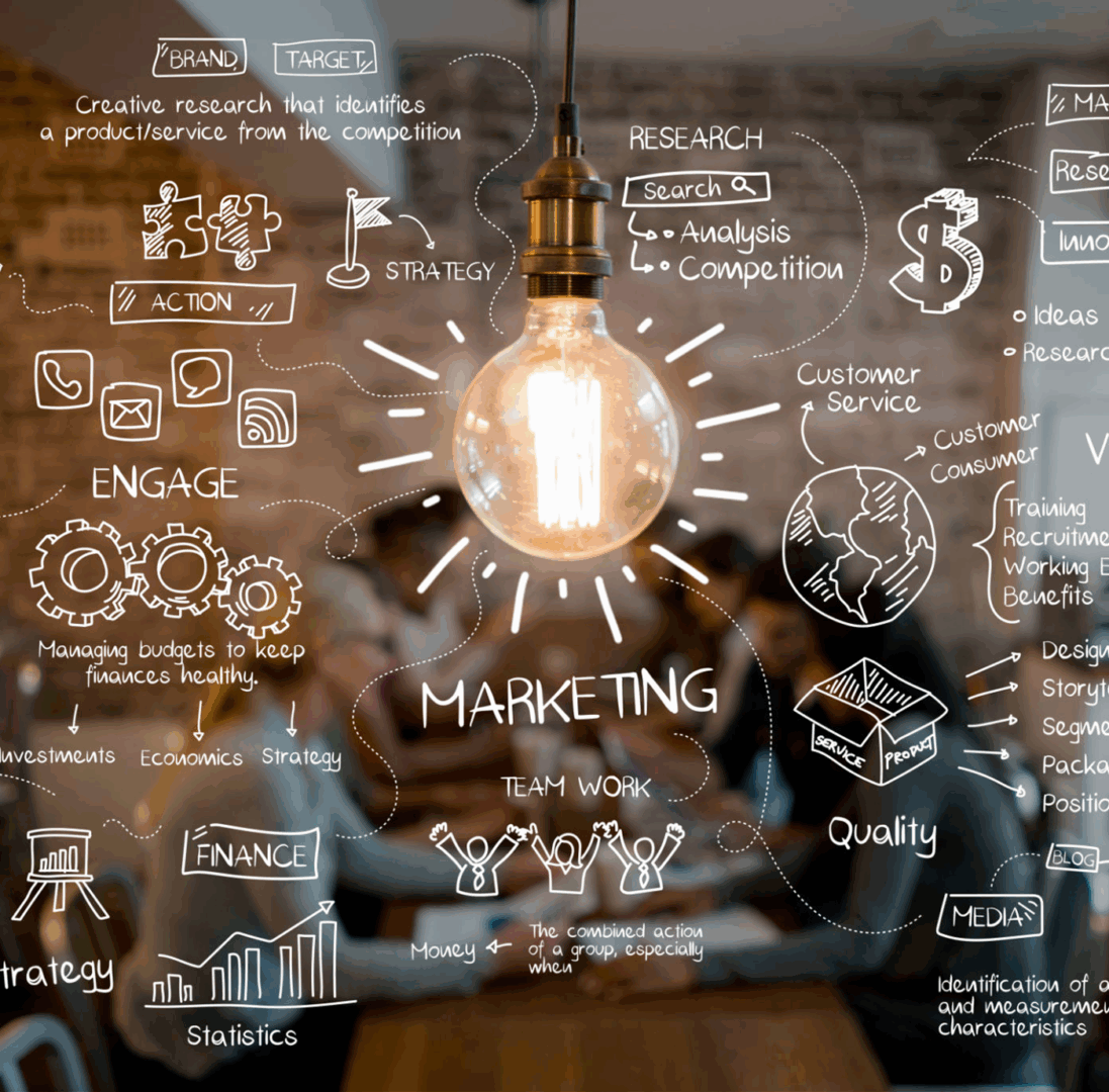 Illuminated bulb with marketing plan illustrations.