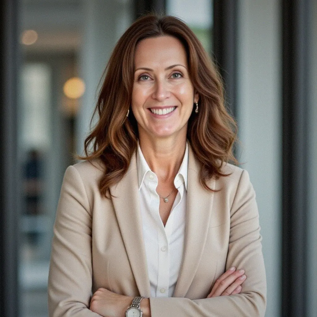 Confident businesswoman smiling with arms crossed in an office.