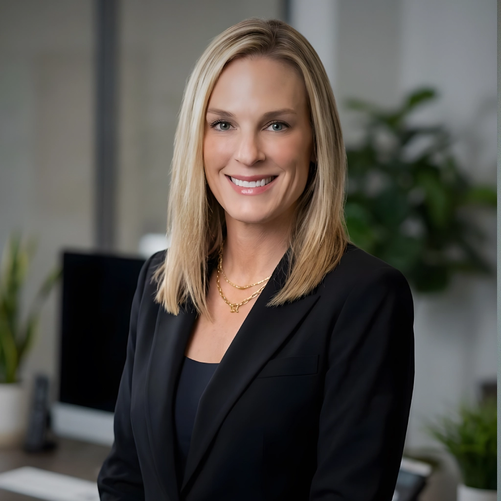 Professional woman in a black blazer smiling indoors.