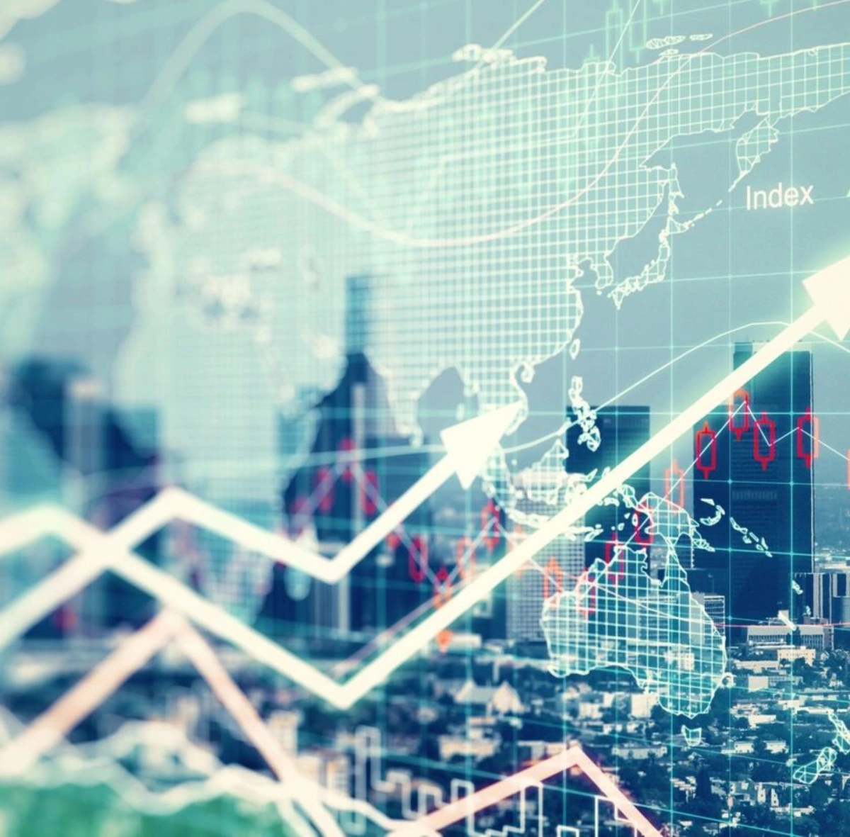 City skyline with financial graph overlay showing rising trends.